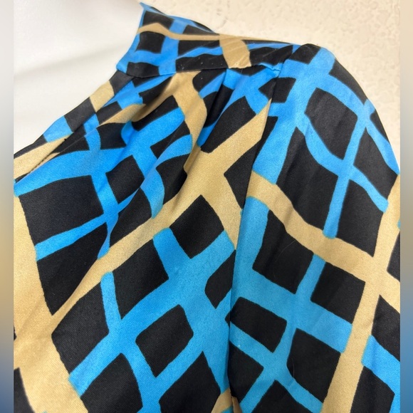 Banana Republic Blue & Tan Abstract Geometric Plaid Silky Feel Wrap Dress 4 - Picture 4 of 11